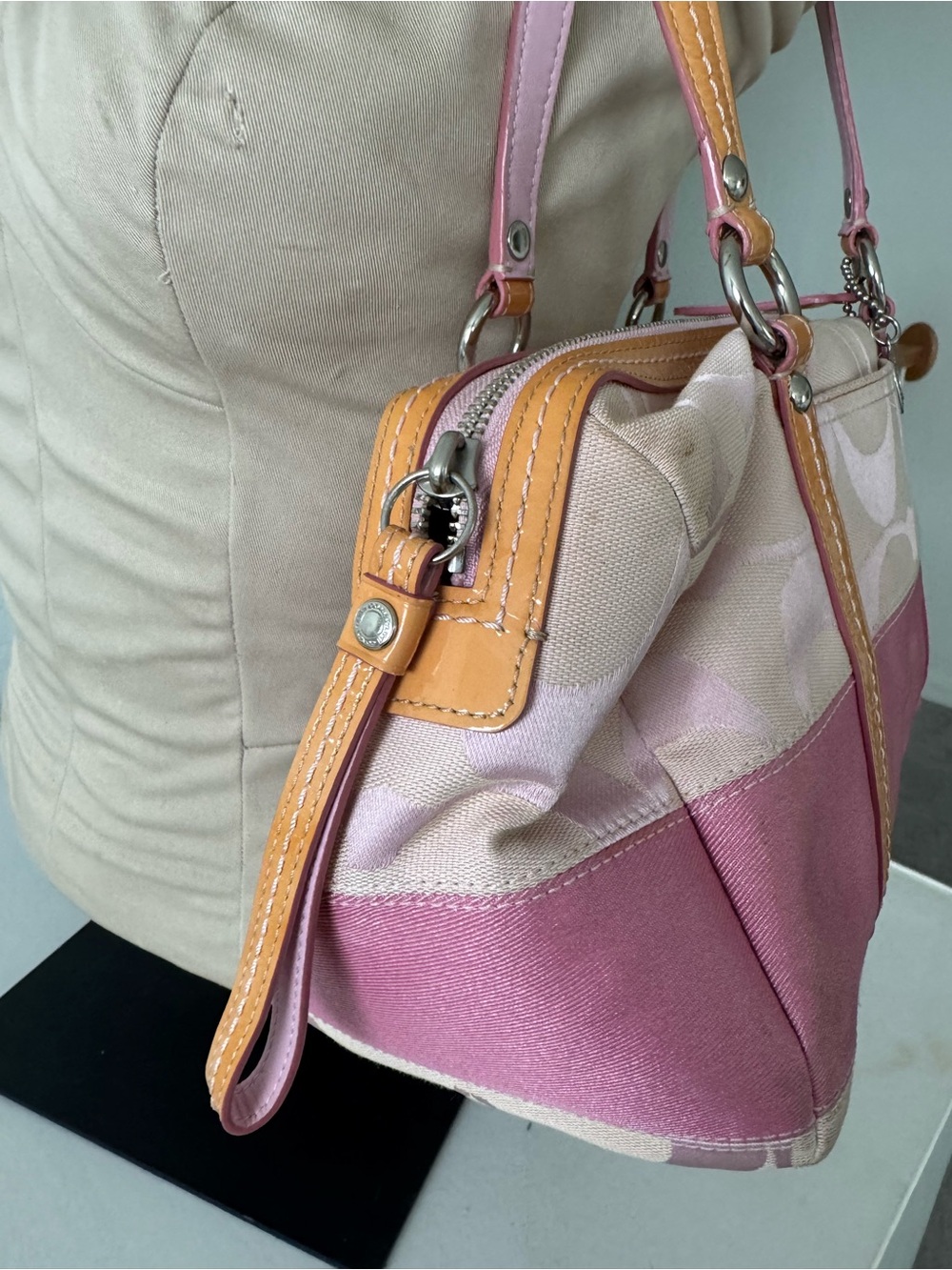 Coach Signature Stripe Boston Satchel Pink Canvas Duffle Y2K Bag F13551 - Picture 3 of 14